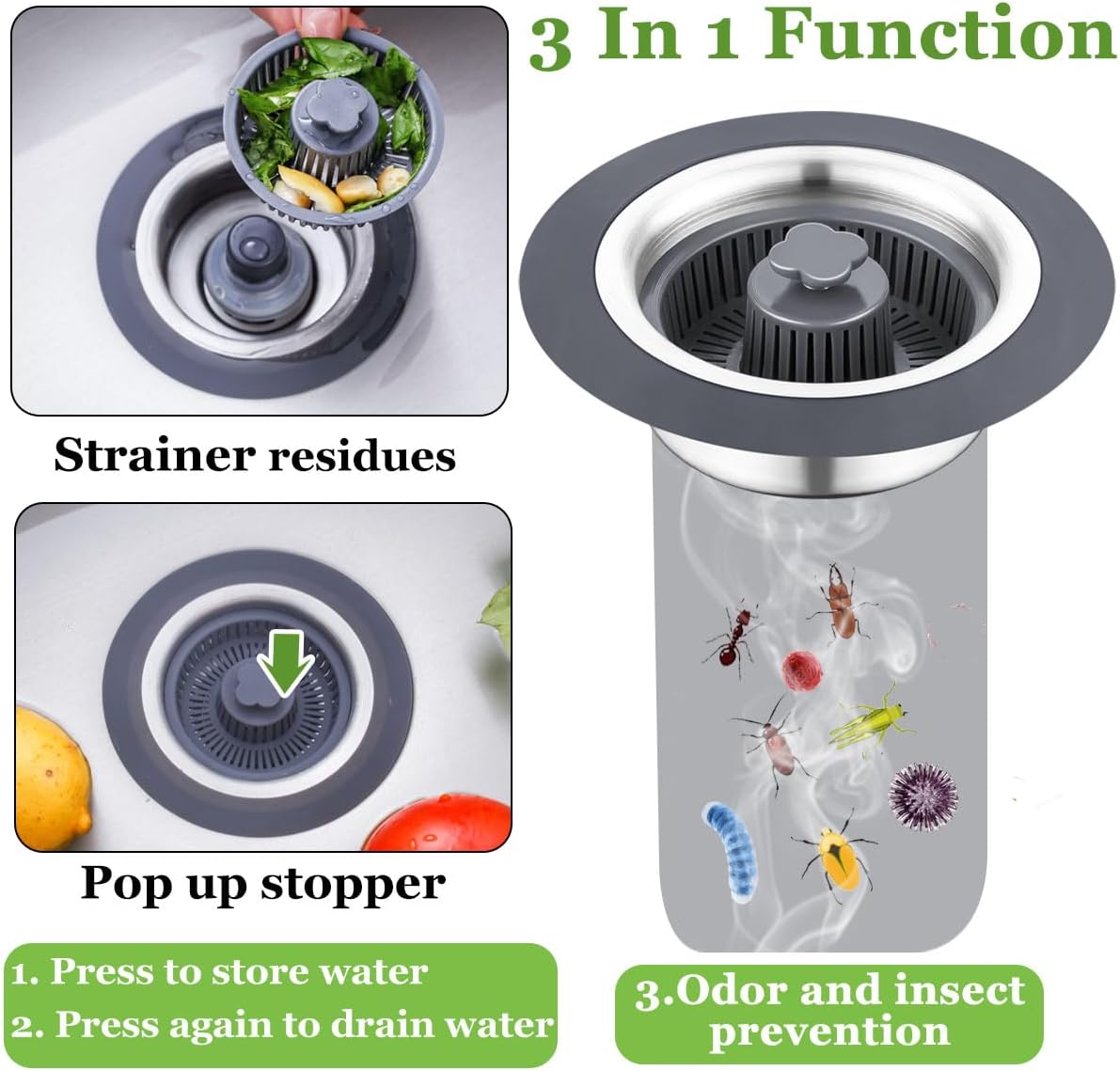 3 in 1 Kitchen Sink Drain Strainer and Stopper Combo