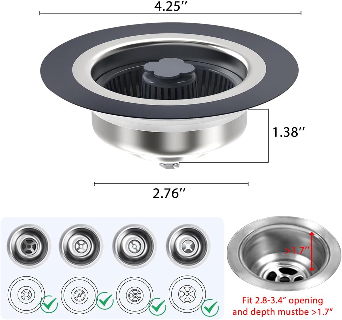 3 in 1 Kitchen Sink Drain Strainer and Stopper Combo