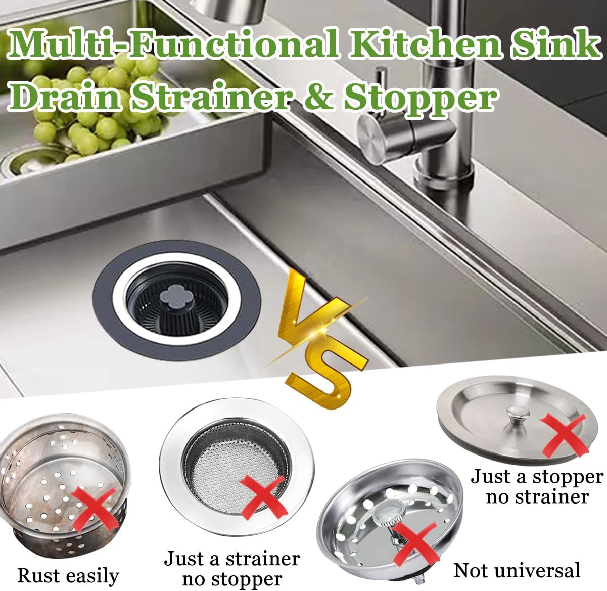 3 in 1 Kitchen Sink Drain Strainer and Stopper Combo