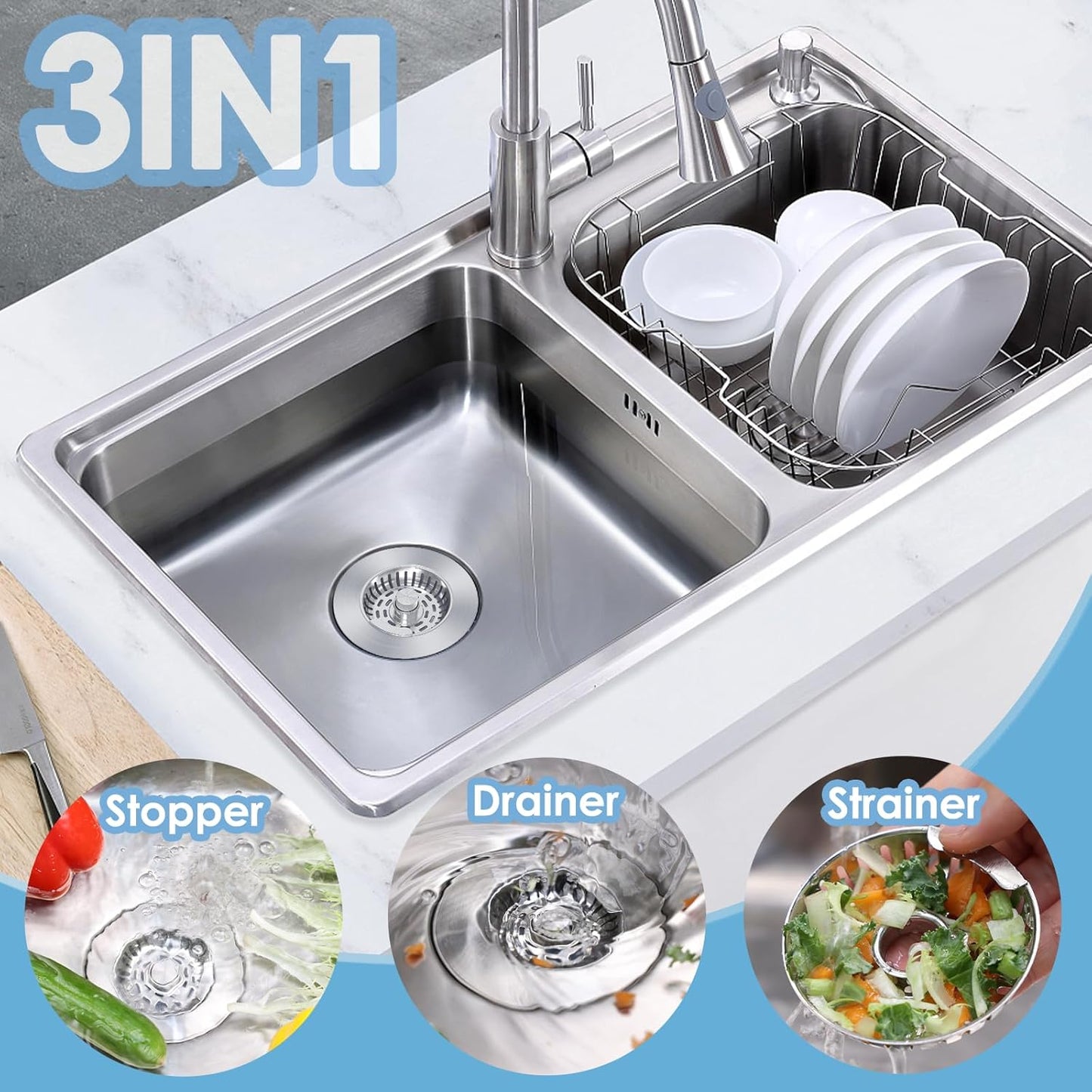 3 in 1 Kitchen Sink Drain Strainer, 304 Stainless Steel
