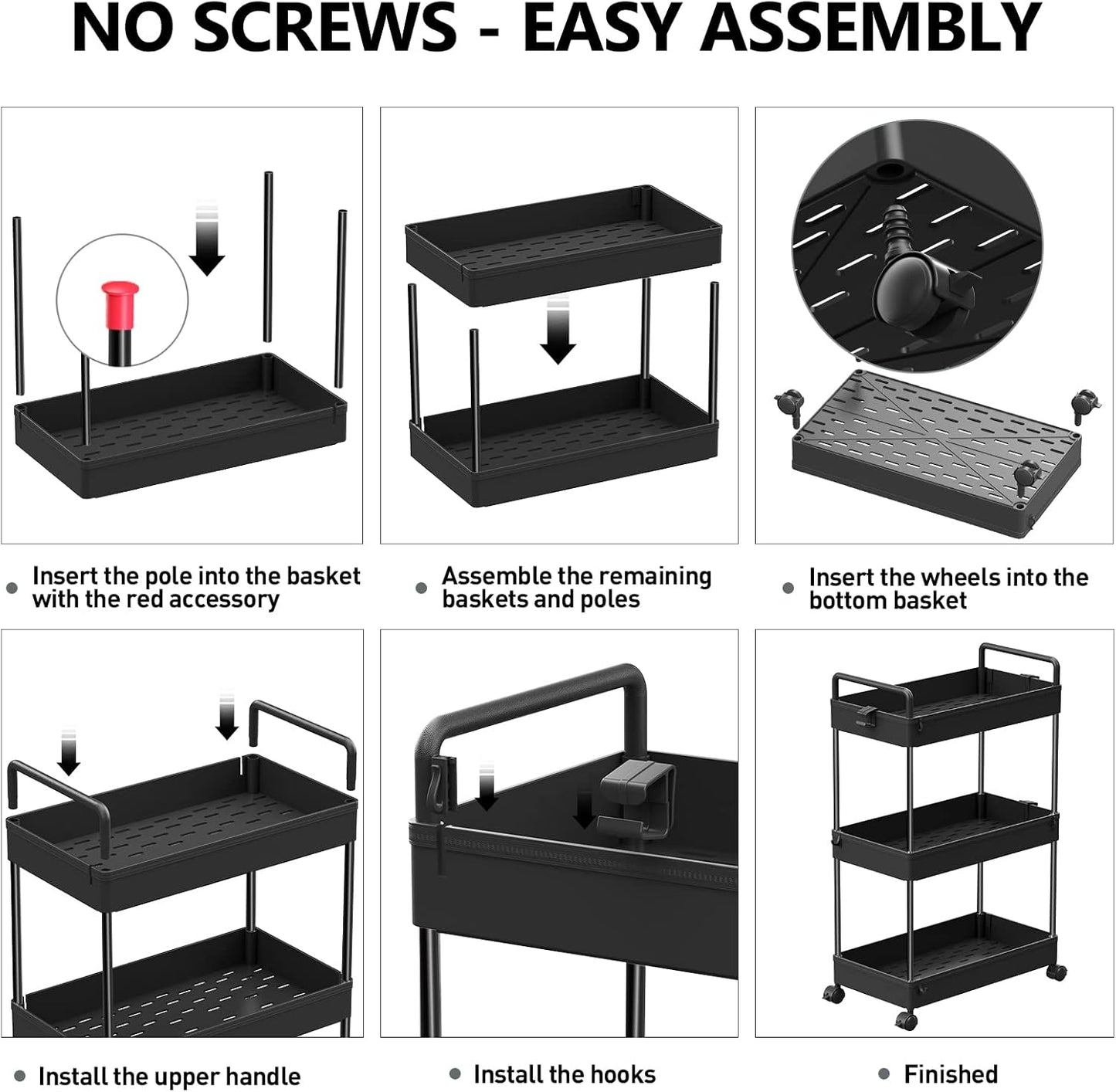 3 Tier Rolling Storage Cart with Wheels Slim Utility Cart Organizer