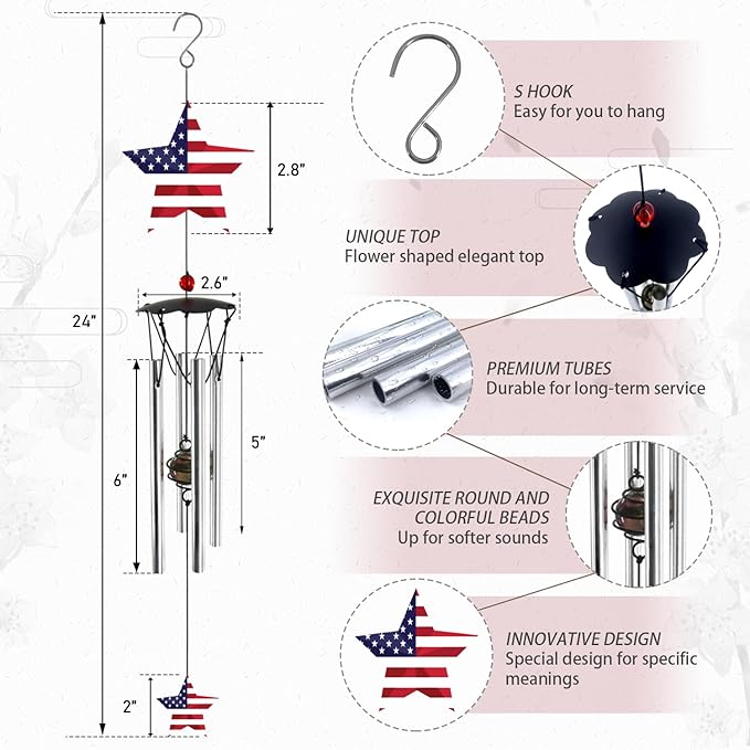 American Flag Veteran Small Wind Chimes 24"