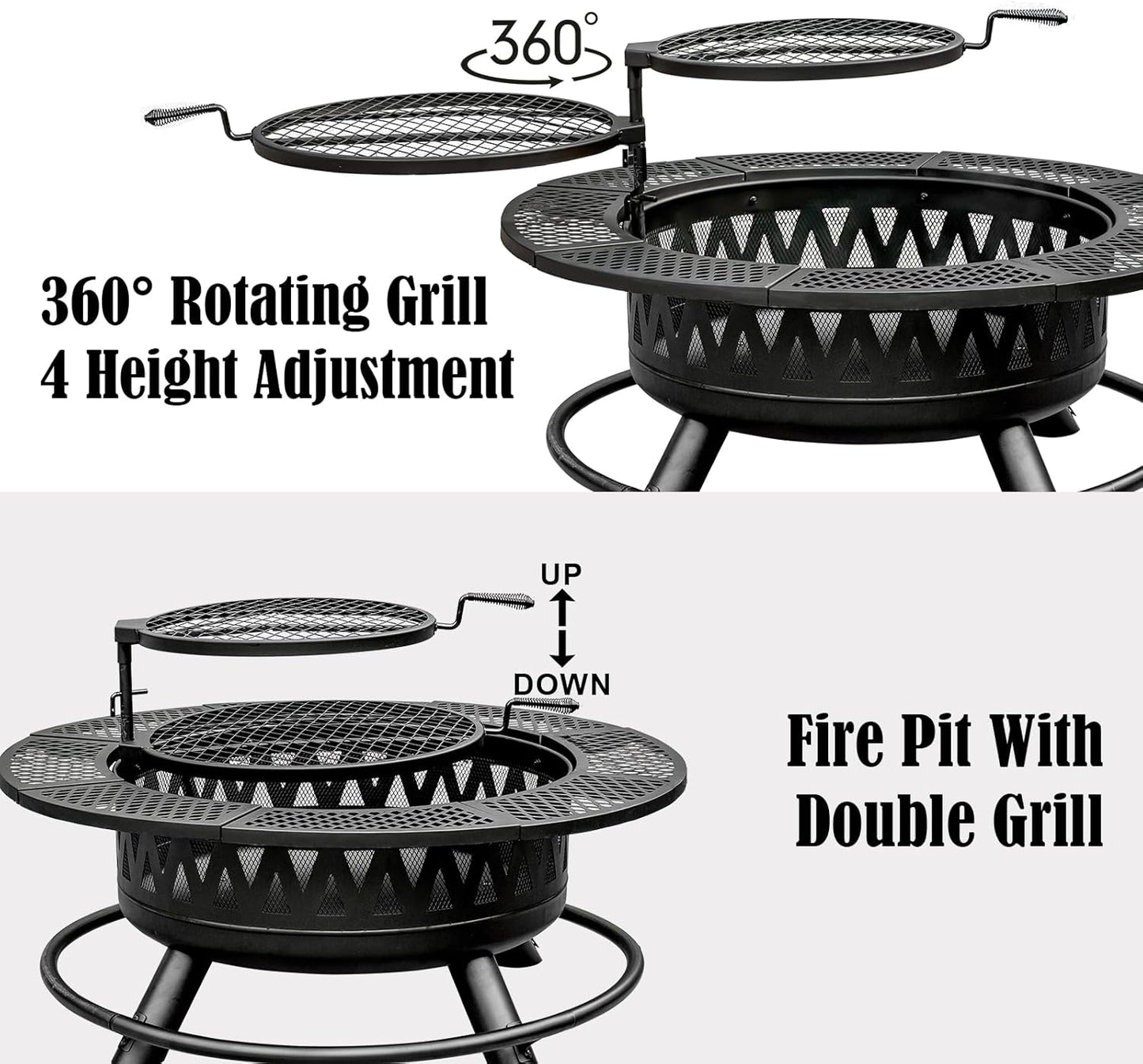 42 Inch Fire Pit with 2 Grills, Large Outdoor Firepits for Outside
