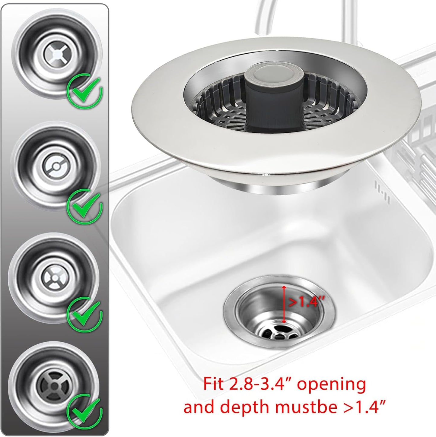 3 in 1 Kitchen Sink Stopper, Pop Up Kitchen Sink Drain Strainer