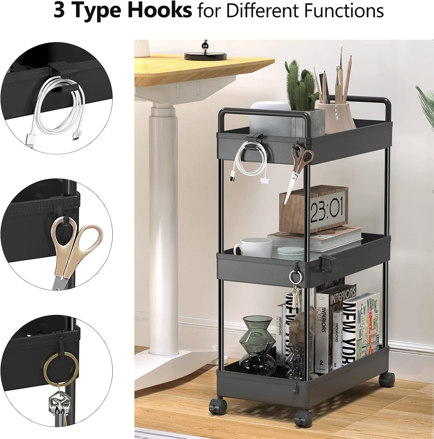 3 Tier Rolling Storage Cart with Wheels Slim Utility Cart Organizer