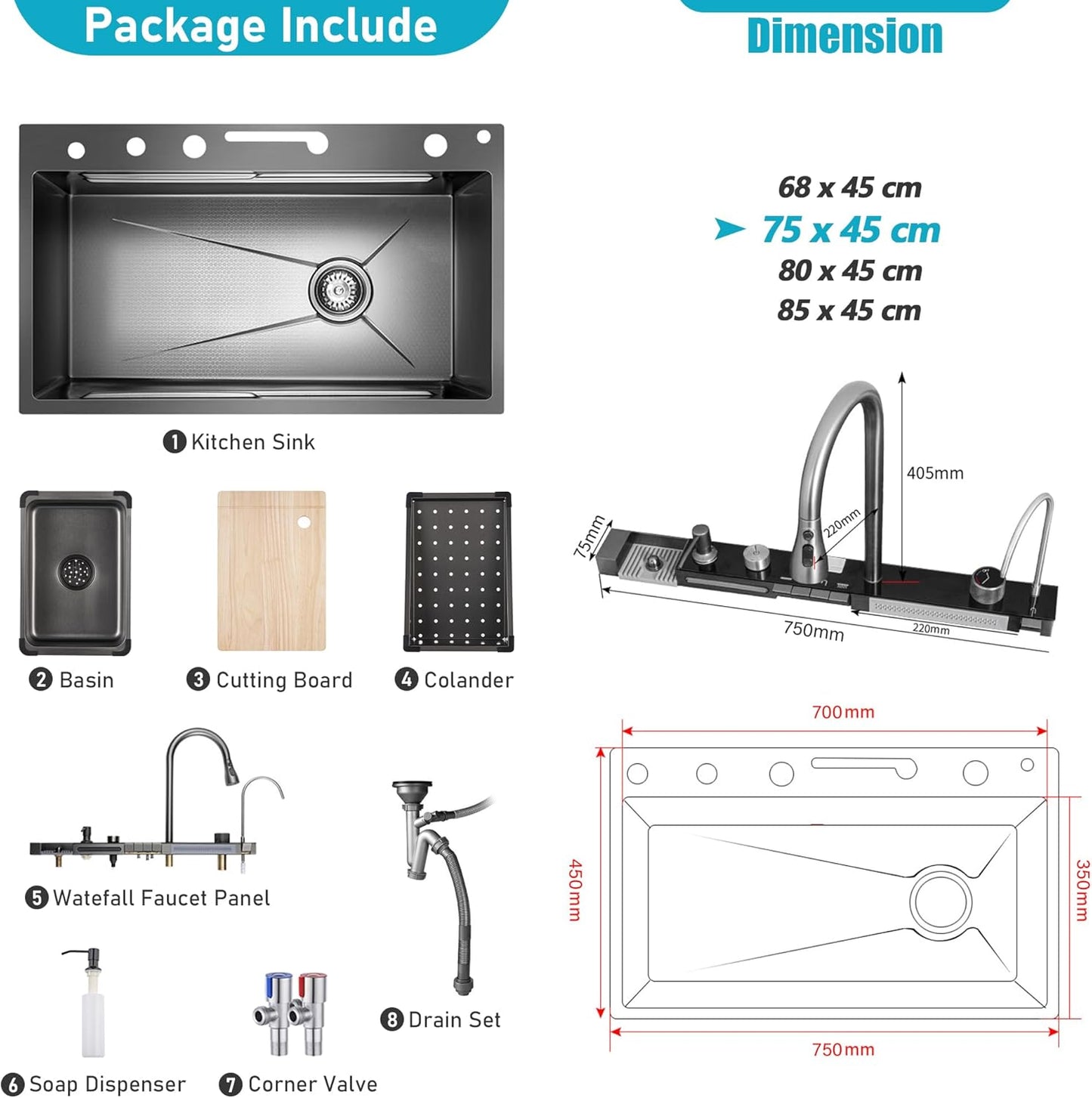 29.5" Luxury Smart Waterfall Kitchen Sink with Faucet Combo