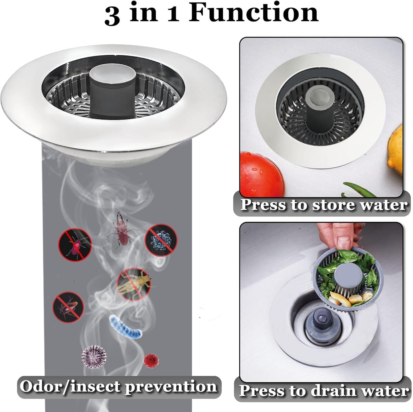 3 in 1 Kitchen Sink Stopper, Pop Up Kitchen Sink Drain Strainer