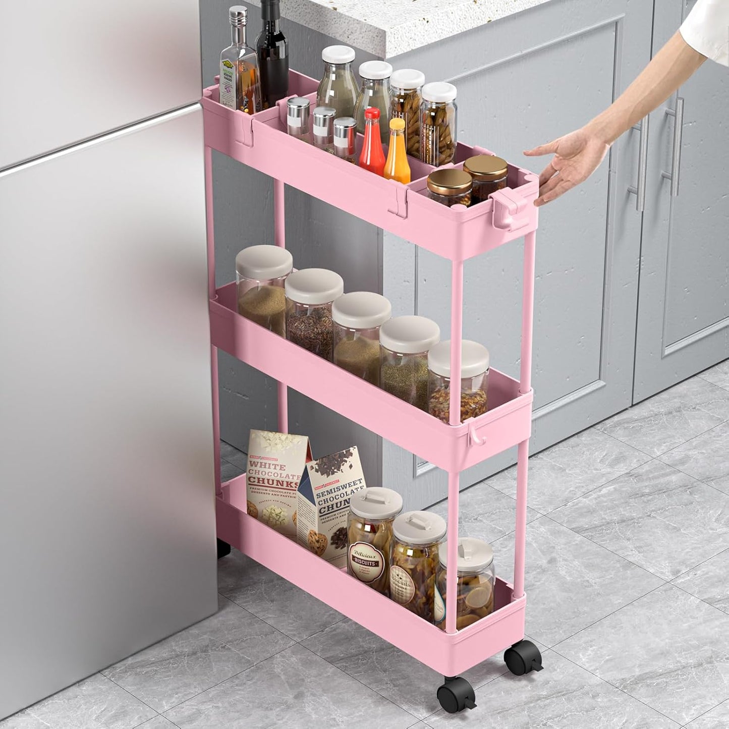 Slim Storage Cart 3 Tier, Bathroom Organizer Rolling Utility-PINK