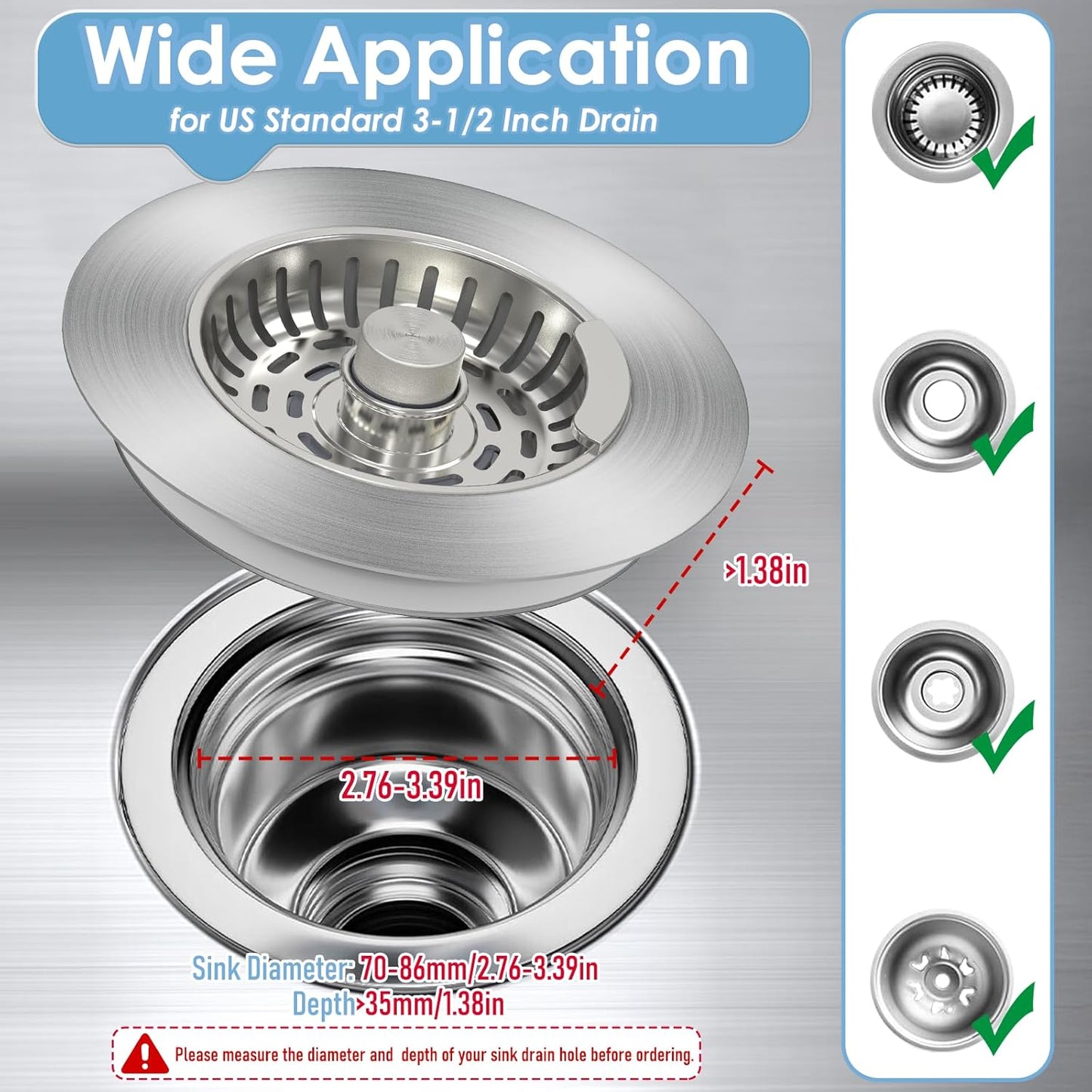 3 in 1 Kitchen Sink Drain Strainer, 304 Stainless Steel