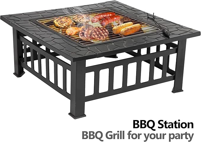 32 Inch Multifunctional Fire Pit Table Square Metal