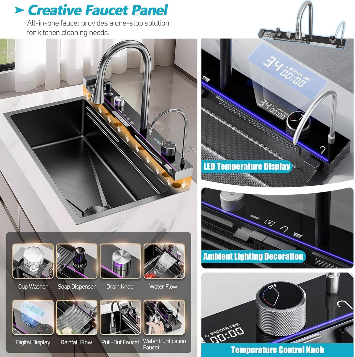 29.5" Luxury Smart Waterfall Kitchen Sink with Faucet Combo