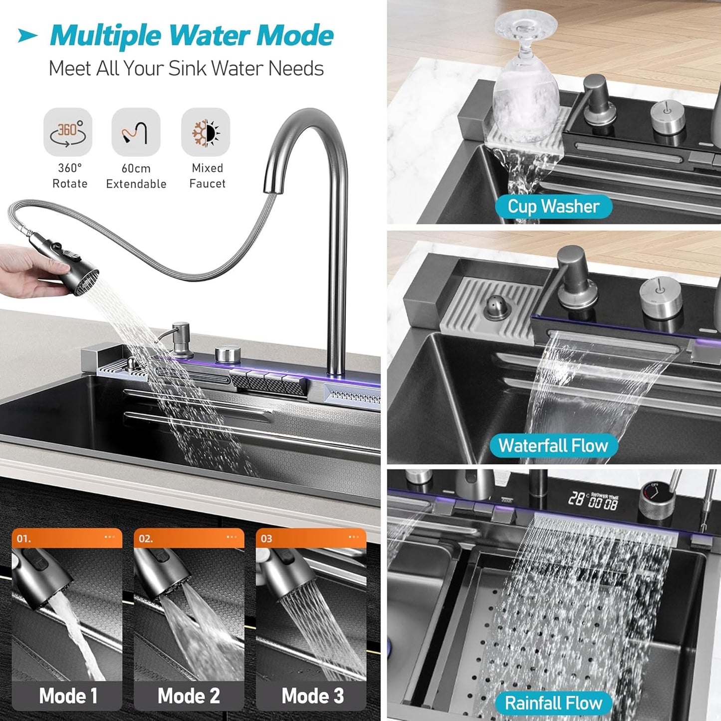 29.5" Luxury Smart Waterfall Kitchen Sink with Faucet Combo