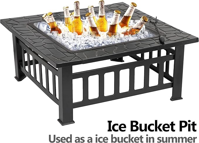 32 Inch Multifunctional Fire Pit Table Square Metal