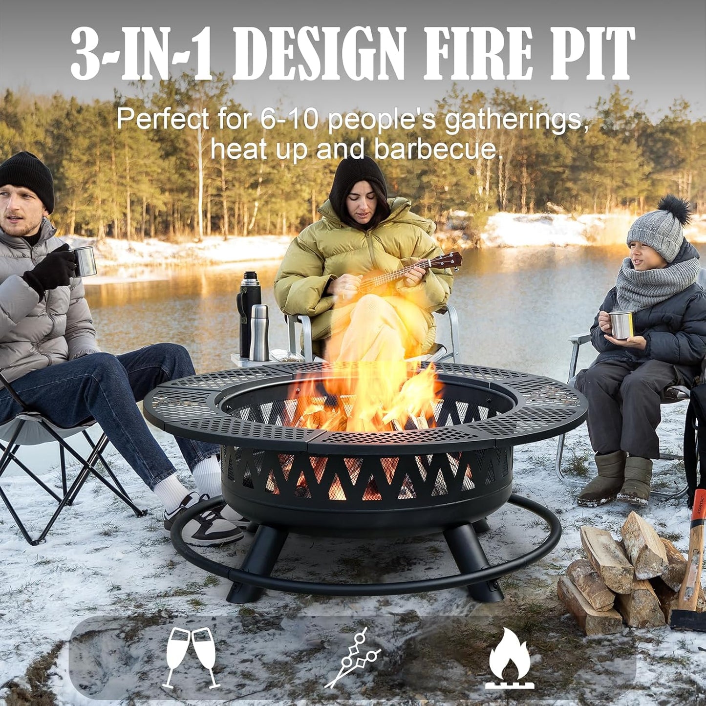 42 Inch Fire Pit with 2 Grills, Large Outdoor Firepits for Outside