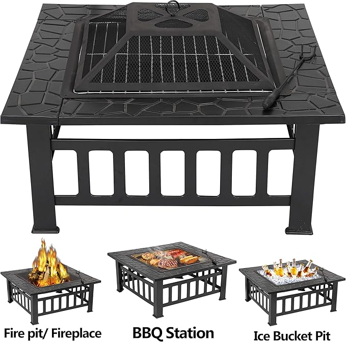32 Inch Multifunctional Fire Pit Table Square Metal