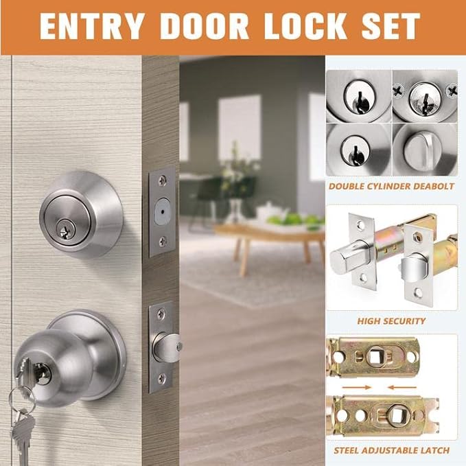 3Pack Entry Door Knob and Double Cylinder Deadbolt Lock Set