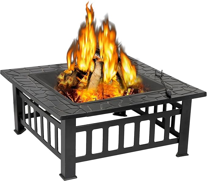 32 Inch Multifunctional Fire Pit Table Square Metal