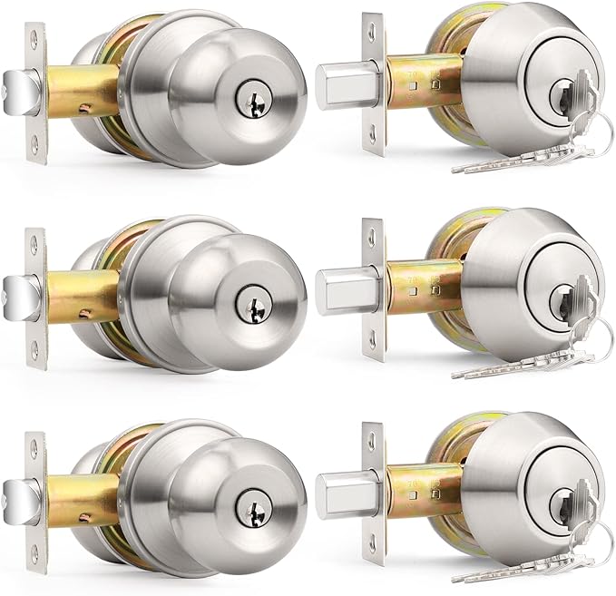 3Pack Entry Door Knob and Double Cylinder Deadbolt Lock Set