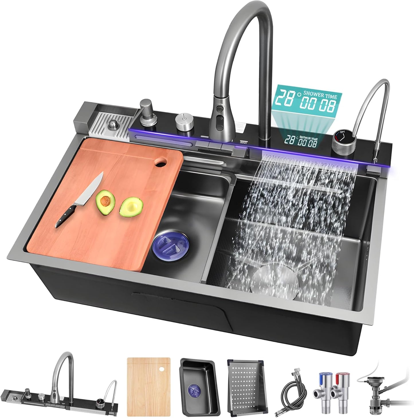 29.5" Luxury Smart Waterfall Kitchen Sink with Faucet Combo