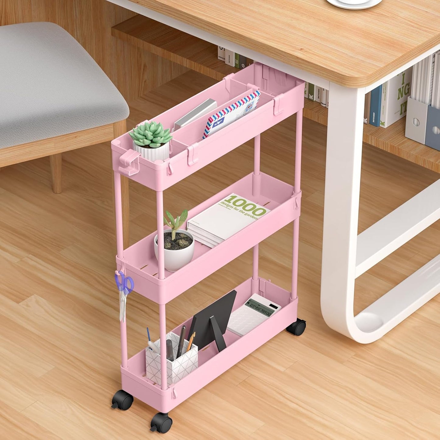 Slim Storage Cart 3 Tier, Bathroom Organizer Rolling Utility-PINK