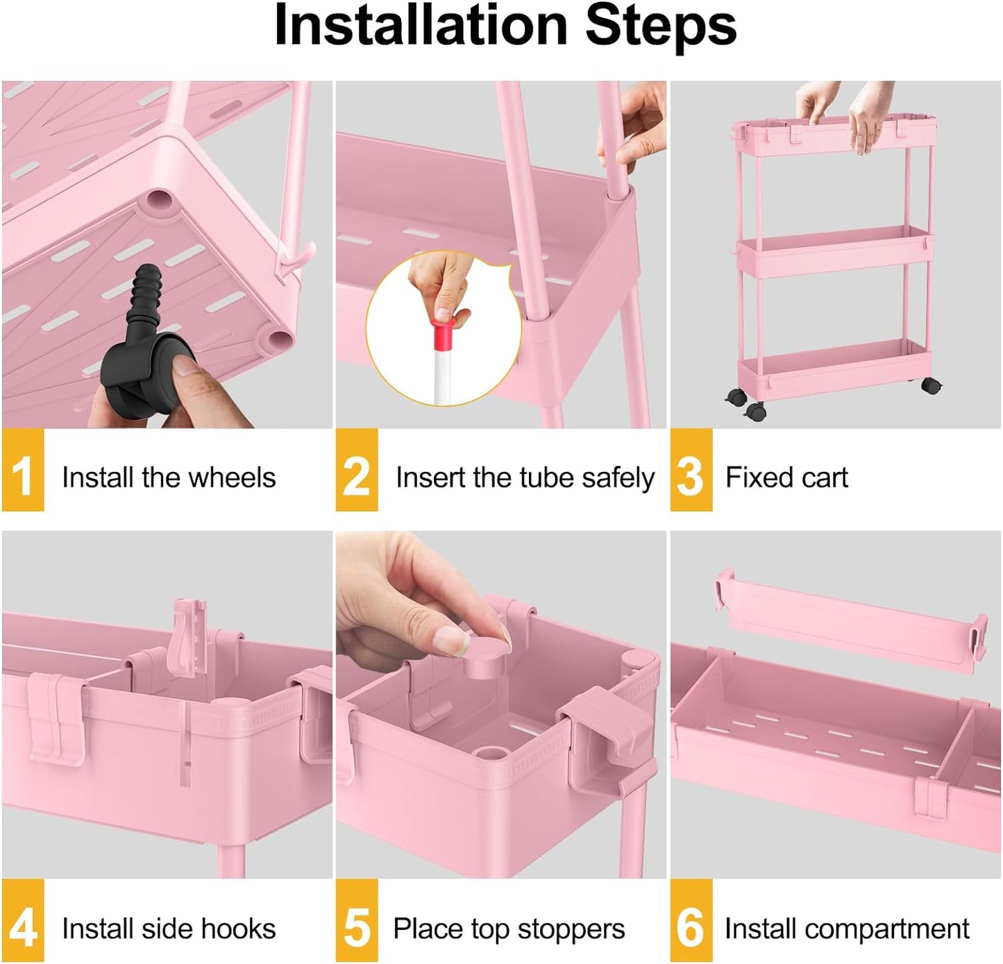 Slim Storage Cart 3 Tier, Bathroom Organizer Rolling Utility-PINK