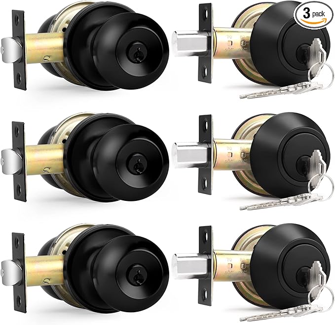3 Pack Flat Black Double Cylinder Handleset Combo