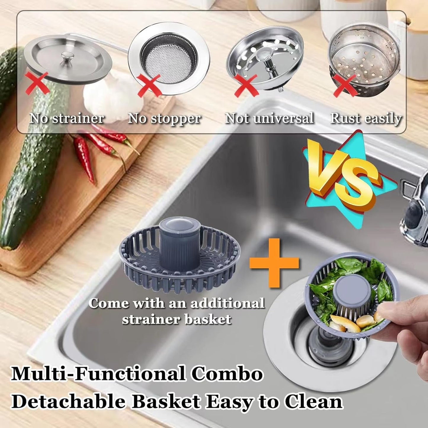 3 in 1 Kitchen Sink Stopper, Pop Up Kitchen Sink Drain Strainer