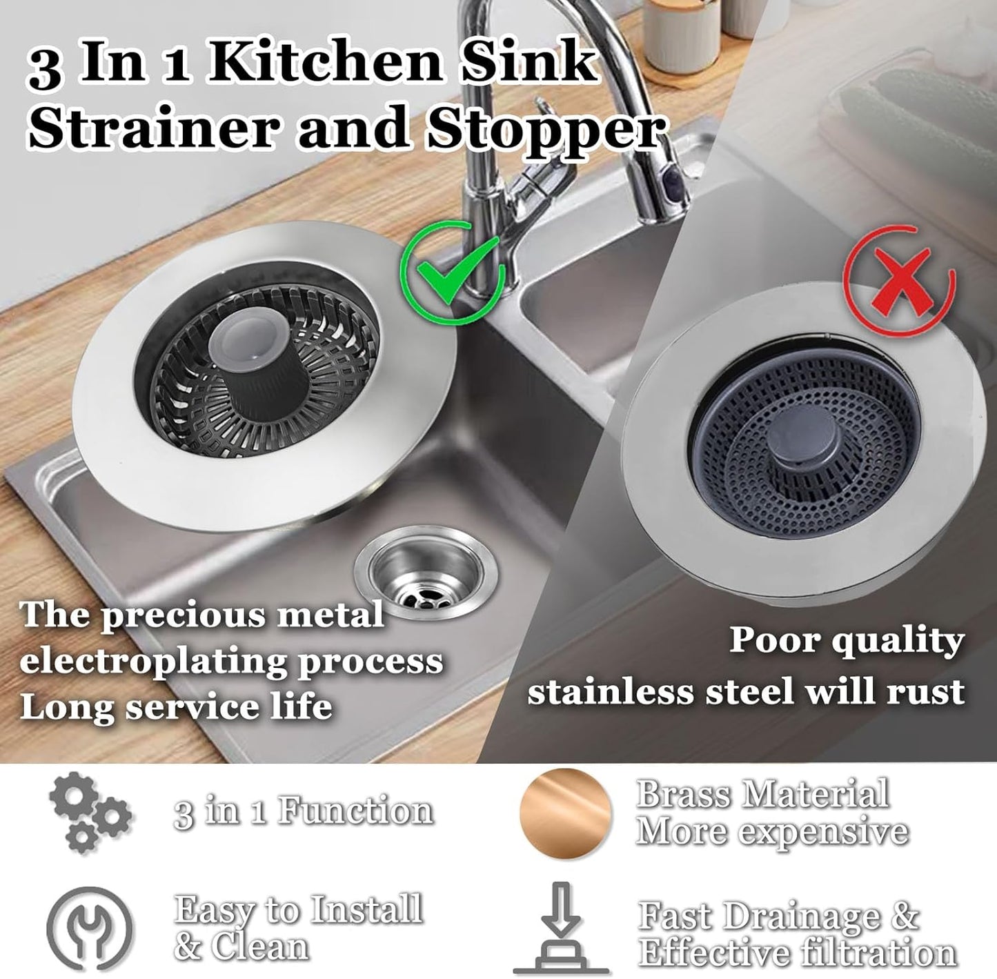 3 in 1 Kitchen Sink Stopper, Pop Up Kitchen Sink Drain Strainer