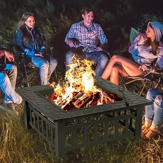 32 Inch Multifunctional Fire Pit Table Square Metal