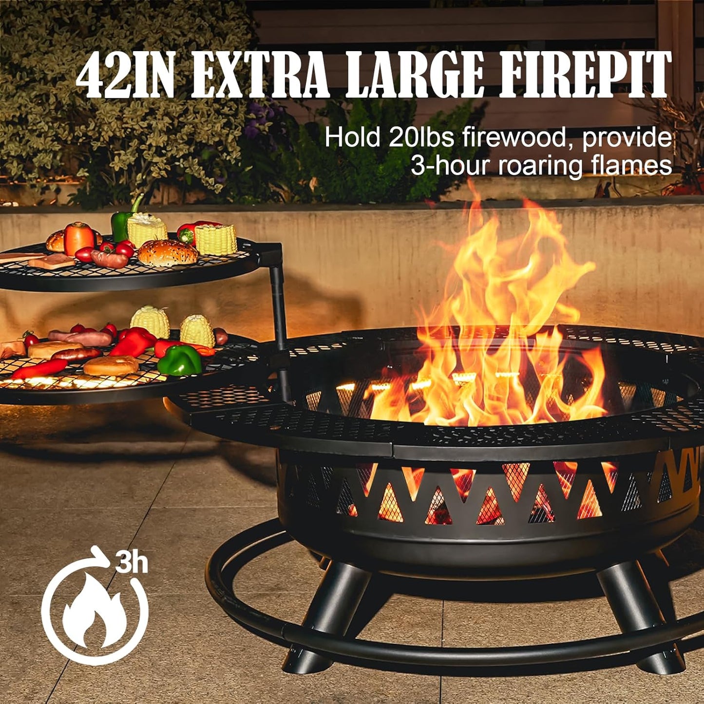 42 Inch Fire Pit with 2 Grills, Large Outdoor Firepits for Outside