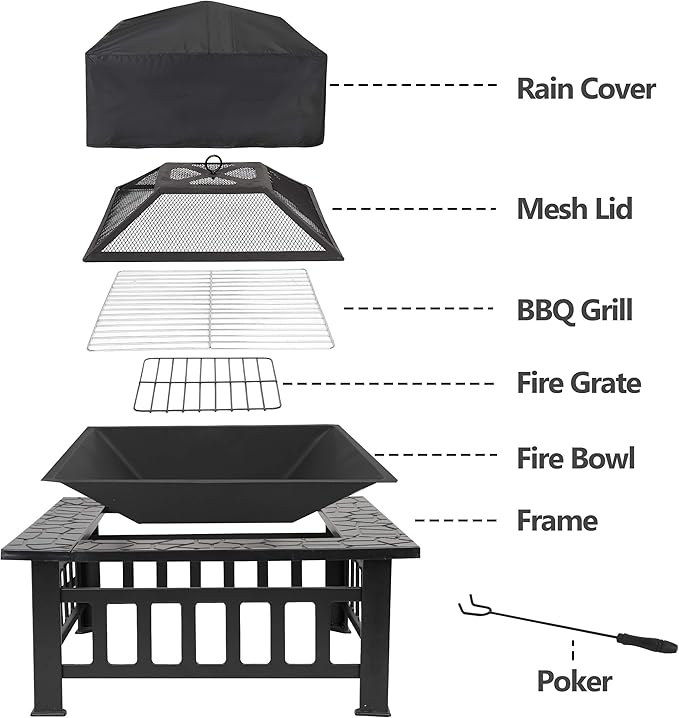 32 Inch Multifunctional Fire Pit Table Square Metal