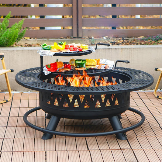 42 Inch Fire Pit with 2 Grills, Large Outdoor Firepits for Outside