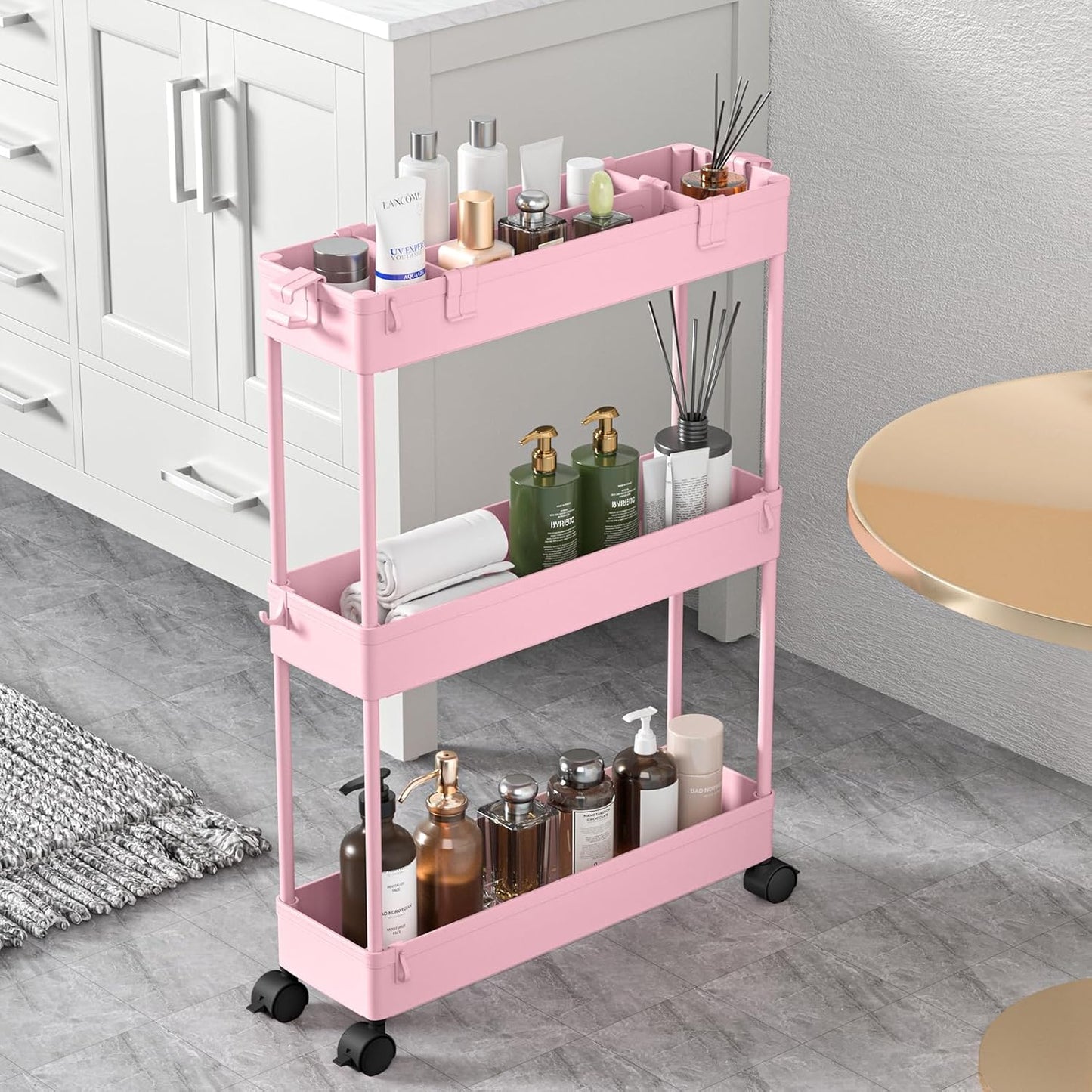 Slim Storage Cart 3 Tier, Bathroom Organizer Rolling Utility-PINK