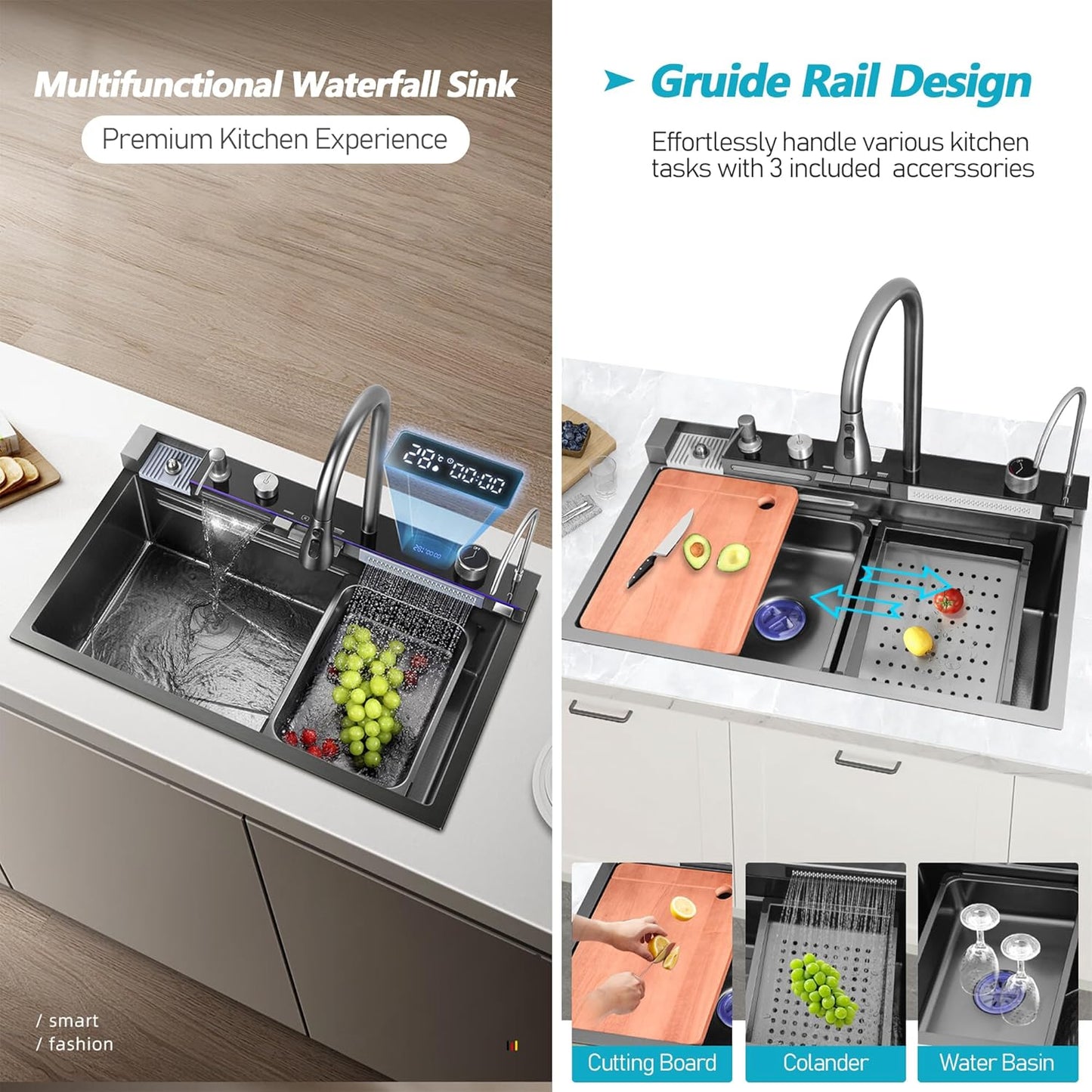 29.5" Luxury Smart Waterfall Kitchen Sink with Faucet Combo